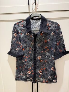 Anne Fontaine Black Floral Lace Short Sleeve Blouse Size 46/US 14